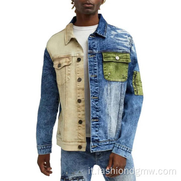 Giacca jean di patchwork a due colori per uomini